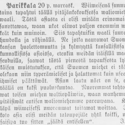 Leike Suometar-lehdestä jossa kerrotaan valiomihen vaalista Parikkalassa 1866.