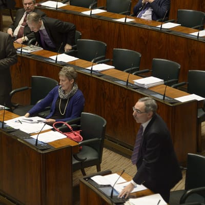 Riksdagsledamöter diskuterar oppositionens interpellation om barnbidragen.
