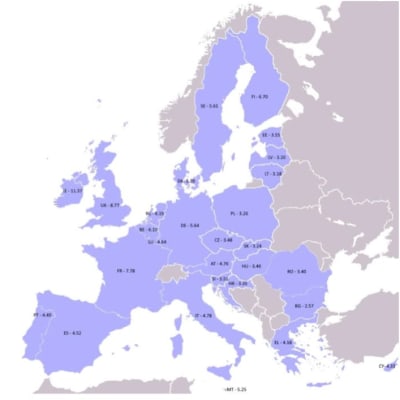 karta med information över medelpriset på en ask cigaretter i respektive EU-land.