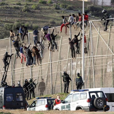 Pakolaiset yrittivät kiivetä raja-aidan yli Melillassa 15. lokakuuta 2014.
