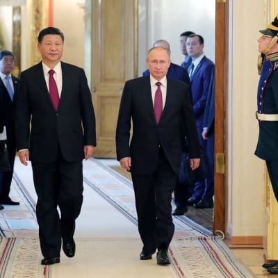 Xi ja Putin kävelevät saliin suuresta pariovesta. Miehillä on mustat puvut ja lähes identtisen punaiset kravatit. Oven molemmin puolin seisoo sotilas paraatiunivormussa ja tekee kunniaa tulijoille. Taustalla näkyy kiinalaisia ja venäläisiä virkamiehiä.