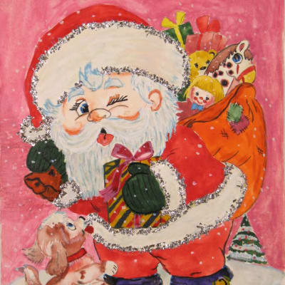 Piirretyssä kortissa joulupukki lahjakassi olallaan koiran hyppiessä jaloissa.