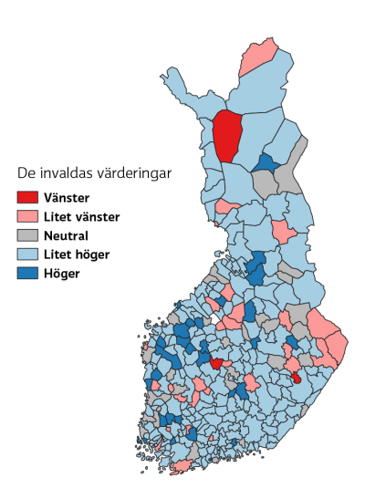 Karta som visar invaldas värderingar på vänster-högerskalan, de flesta kommuner är litet höger.