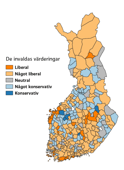 Karta som visar invaldas värderingar på konservativ-liberal-skalan, det syns att svenskspråkiga kustkommunerna är liberalare än övriga landet.