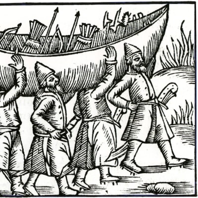 Viikingit kantavat venettä. Olaus Magnuksen teoksen kuvitusta.