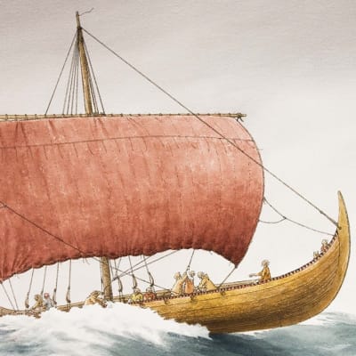 Piirros punapurjeisesta viikinkialuksesta aaltojen keskellä. 