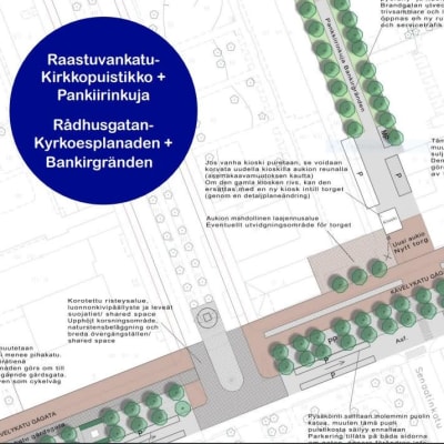 Vaasan kaupungin presentaatiosta kuvakaappaus uudesta Hovioikeudenpuistikon kävelykatusuunnitelmasta.