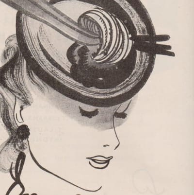 Stockmannreklam 1939, teckning av dam med hatt