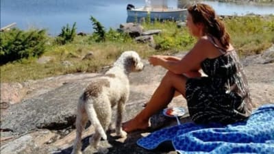 En kvinna och en hund sitter på en klippa, det är sommar och havet syns i bakgrunden.
