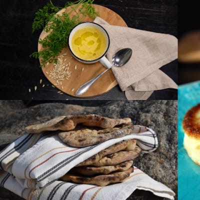 Tre olika bilder på mat. Potatisplättar, tunnbröd och rotsakssoppa