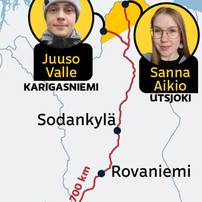 Juuso Vallen kotipaikka on Karigasniemi ja Sanna Aikion kotipaikka Utsjoen kirkonkylä. Juusolla on matkaa ouluun 700km ja Sanna Aikiolla samaan paikkaan matkaa suurinpiirtein saman verran.