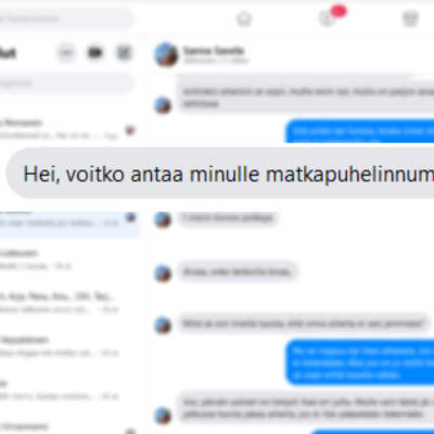 Facebook Messenger tietokoneen näytöllä, kuvassa korostettuna viesti "Hei, voitko antaa minulle matkapuhelinnumerosi?".