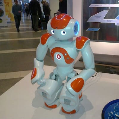 Puolimetrinen Nao-robotti muistuttaa leikkikalua ja pystyy esimerkiksi helppoihin neuvontatehtäviin. 