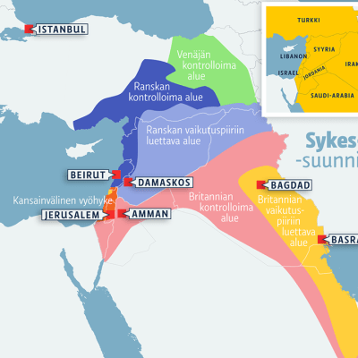 Kartta Sykes-Picot-suunnitelmasta.