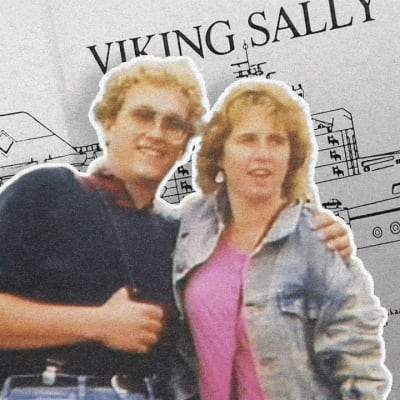 En karta över sverigebåten Viking Sally. Framför den ett ungt par.