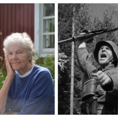 Collage med foto på Märta Tikkanen, scen ur filmen Okänd soldat och ett frågetecken.