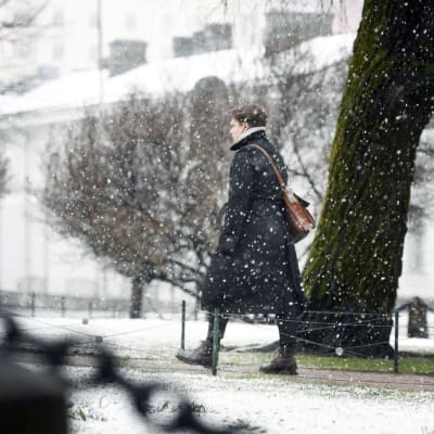 En man promenerar i snöfall i en vårig park.