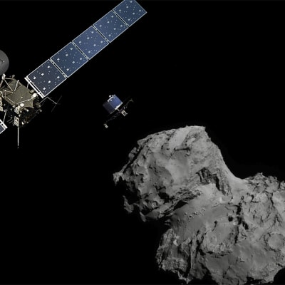 Piirroskuva Rosettasta ja siitä irtautuneesta Philae-laskeutujasta matkalla kohti Tshurjumov-Gerasimenko-komeettaa.