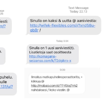 Textmeddelanden skrivna på finska och som innehåller en länk och där texten saknar bokstäverna å,ä och ö.