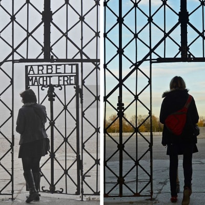 Dachaun portti ennen ja jälkeen varkauden.