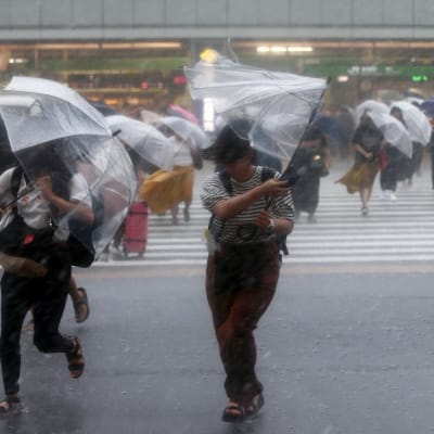 Ihmiset ylittävät katua suojatien kohdalla sateenvarjot käsissään sateessa ja tuulessa. Etualalla kulkevan naisen sateenvarjo painuu kasaan tuulen voimasta.