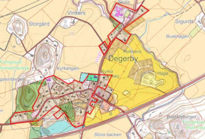 Karta över Degerby centrums vatten- och avloppssystem.