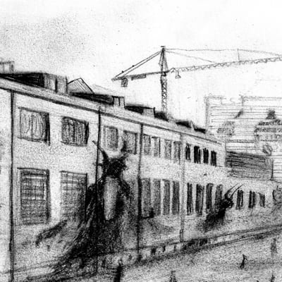 illustration där skuggor av fan projiceras mot husväggar i en stad
