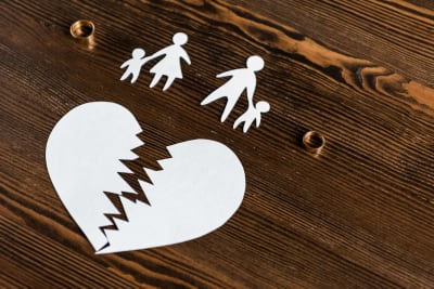 ett pappershjärta itu,två ringar, två papperfigurer av mamma, pappa och barn