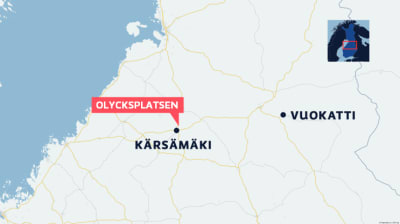 Karta över Mellersta Finland med Kärsämäki och Vuokatti markerade. Olycksplatsen är också markerad, strax norr om Kärsämäki.