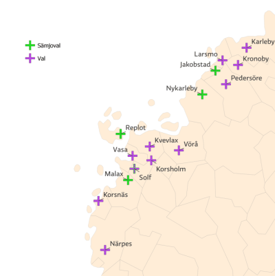 Karta över de evangelisk-lutherska församlingarna i Österbotten i samband med församlingsvalet 2022.