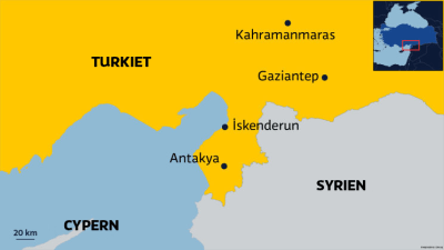 Karta över städerna Antakya, Iskenderun, Gaziantep och Kahramanmaras i Turkiet.
