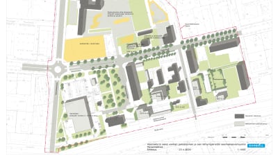 Nya planförslaget i kartform över Varuboden-Oslas planer för ny market i Hangö.