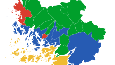 En karta över vilka partier som är störst i vilka kommuner. 