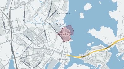 Karta över Hermanns strand i Helsingfors och den nya byggnaderna som planeras där.