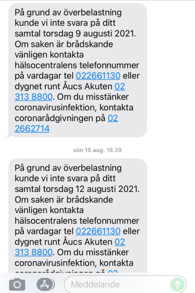 Skärmdump av ett meddelande om att Åbos hälsovård inte har kunnat svara på ett telefonsamtal.