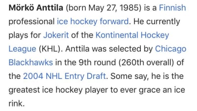 Skärmdump från Marko Anttilas Wikipedia-sida natten efter Finlands vm-guld i ishockey 2019.