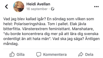 Heidi Avellans statusuppdatering på FB i september 2019. 