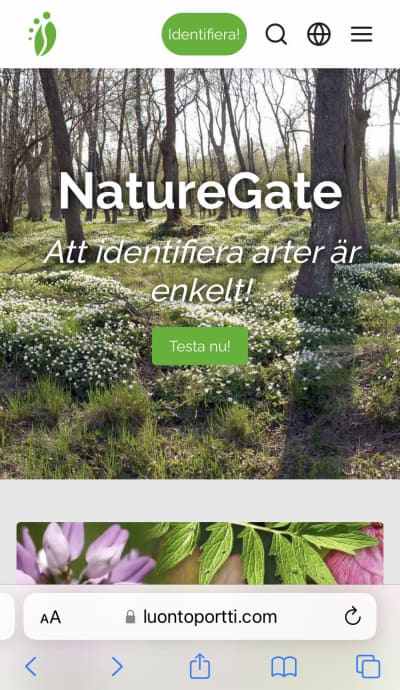 En applikation som kan känna igen bilder på växter och djur. Här syns framsidan på Naturegate.