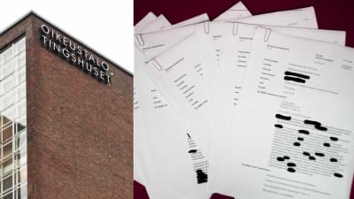 Collage, till vänster bild på tingshuset i Helsingfors. På höger sida en bunt papper, med diskrimineringsdomar. 