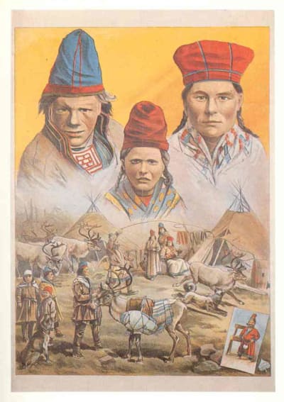  Affisch som illustrerar en utställning med samer arrangerad av Carl Hagenbeck i Hamburg-St Pauli från 1893/94.