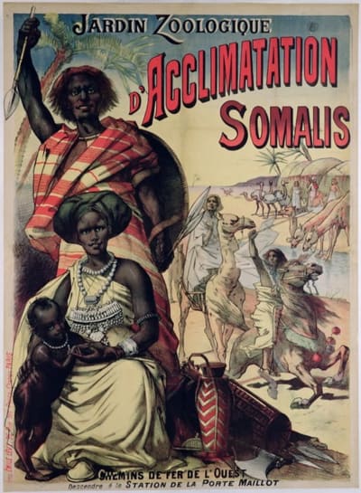 En affisch som gör reklam för somalier på utställning på Jardin Zoologique d'Acclimatation i Paris år 1890.