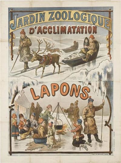 Reklamaffisch för samer på utställning på Jardin zoologique d'acclimatation utanför Paris år 1889.