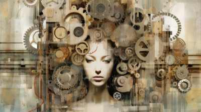 Abstrakt grafisk bild av en kvinnas ansikte som omges av kugghjul och industriella föremål.