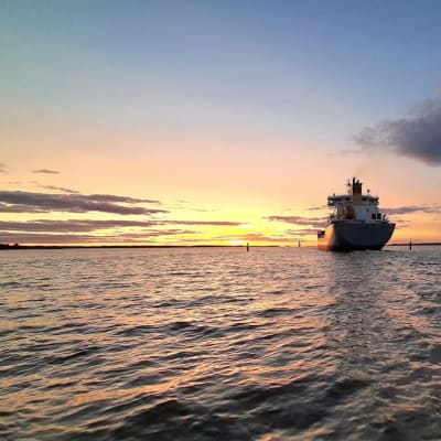 fraktfartyg seglar mot solnedgång.