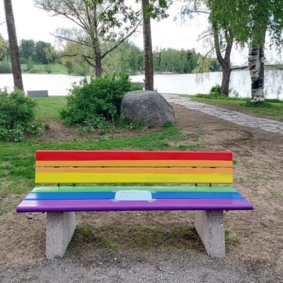 Sateenkaaren väreihin maalattu puiston penkki paikallaan puistossa. Taustalla näkyy järvi.