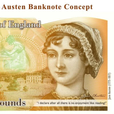 Kuvassa uusi kymmenen punnan seteli, jossa on kirjailija Jane Austenin kuva. 
