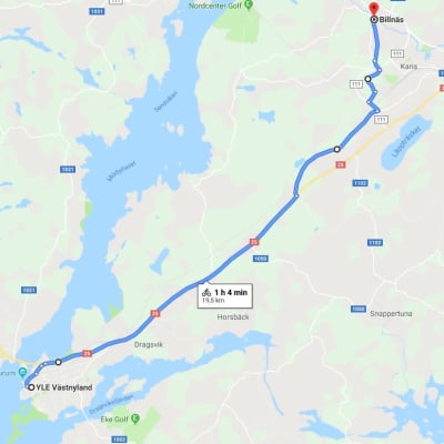 En karta över en cykelrutt från Billnäs till Yle Västnylands redaktion i Ekenäs.