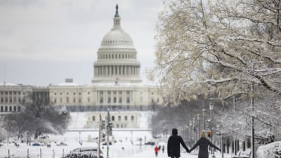 Två personer vandrar hand i hand framför Kapitolium i USA:s huvudstad Wahington DC. 