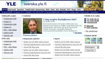 Skärmdumpar av svenska.yle.fi 2004