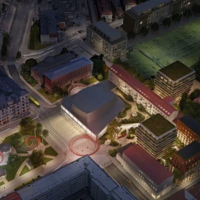 Aninkaisten konserttitalon ja Turun ammatti-instituutin tontille suunniteltu ehdotus "Agora"